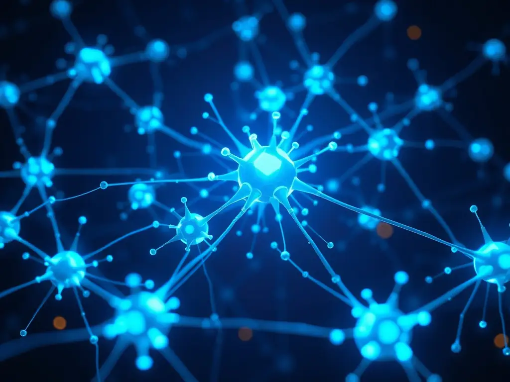 A minimalist, abstract representation of a neural network with glowing nodes and connections, symbolizing advanced AI research at AetherLab.