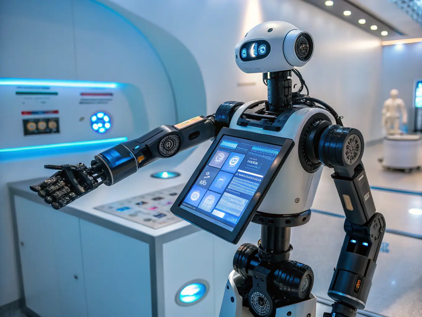 A sleek, futuristic robot arm interacting with a virtual environment, illustrating the integration of AI in robotics and the development of intelligent machines.