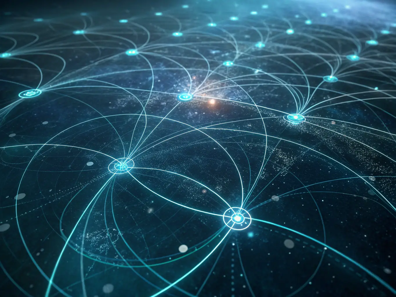 An abstract representation of interconnected data points forming a global network, symbolizing the application of AI in understanding global interactions.